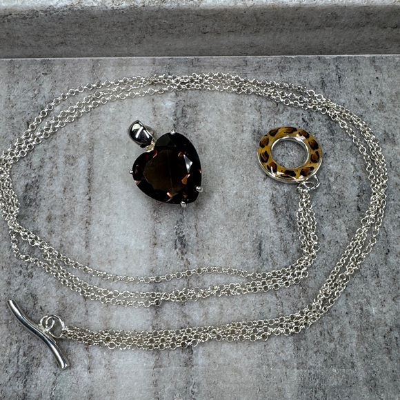David Sigal SS Smoky Quartz Heart Pendant with 3 strand Leopard Toggle Necklace - Picture 8 of 14